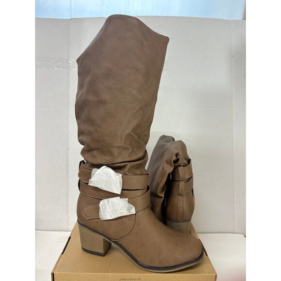 Journee Collection Late Taupe Round Toe Buckled Pull On Knee High Boots 9 WC - Picture 1 of 6